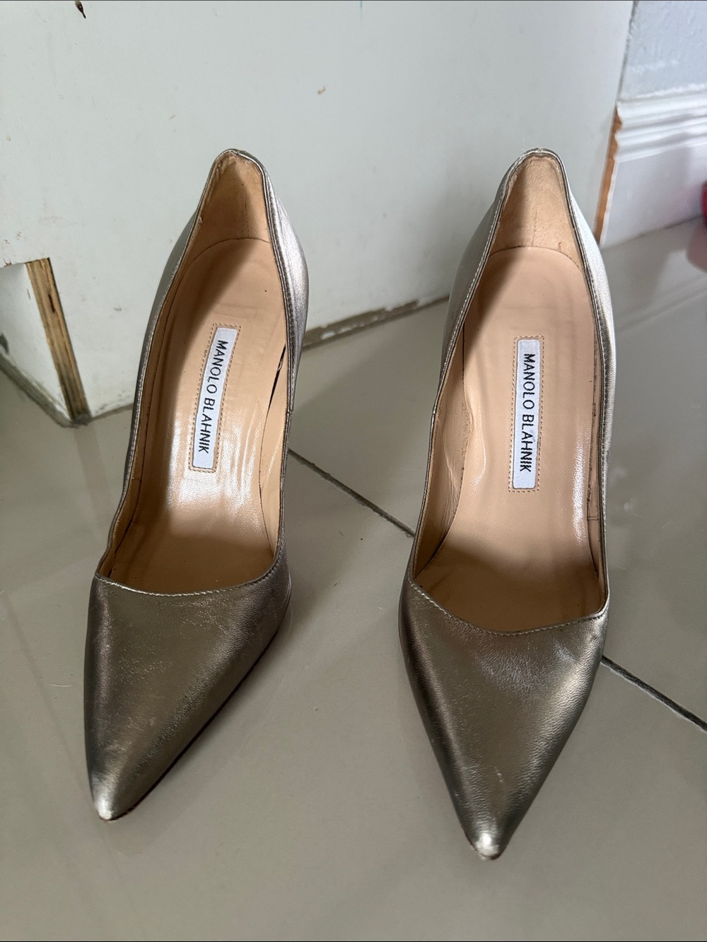 Manolo Blahnik Metallic Silver Pointed-Toe Leather Pumps